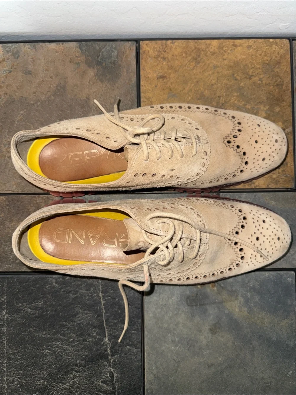 Cole Haan Beige Suede Wingtip Brogue Derby Shoes